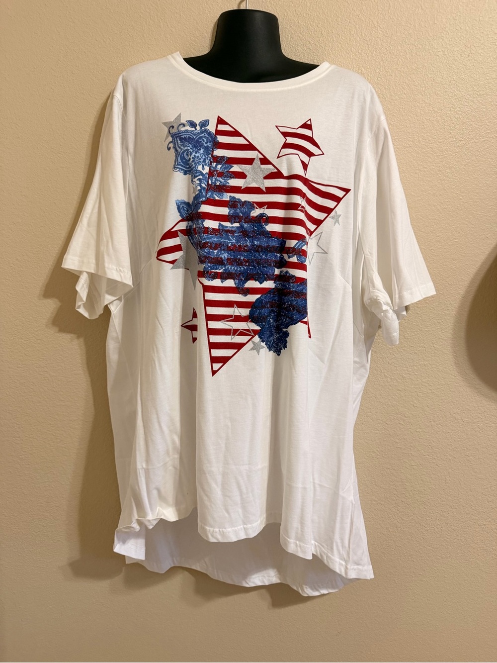 Avenue White Short Sleeve Tee with Red Striped Star and Blue Floral Print